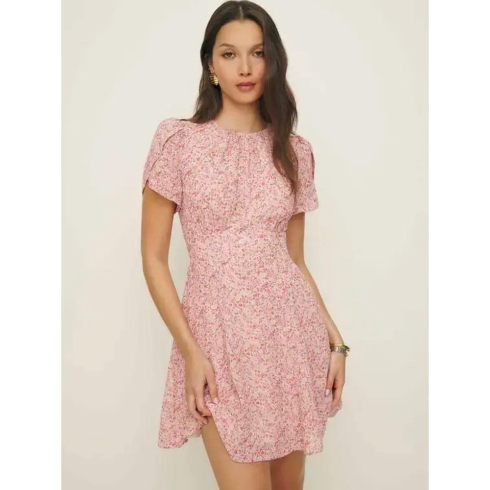 Reformation Lula Pink Floral Short Sleeve Mini Dress Size 6 Viscose Fit & Flare